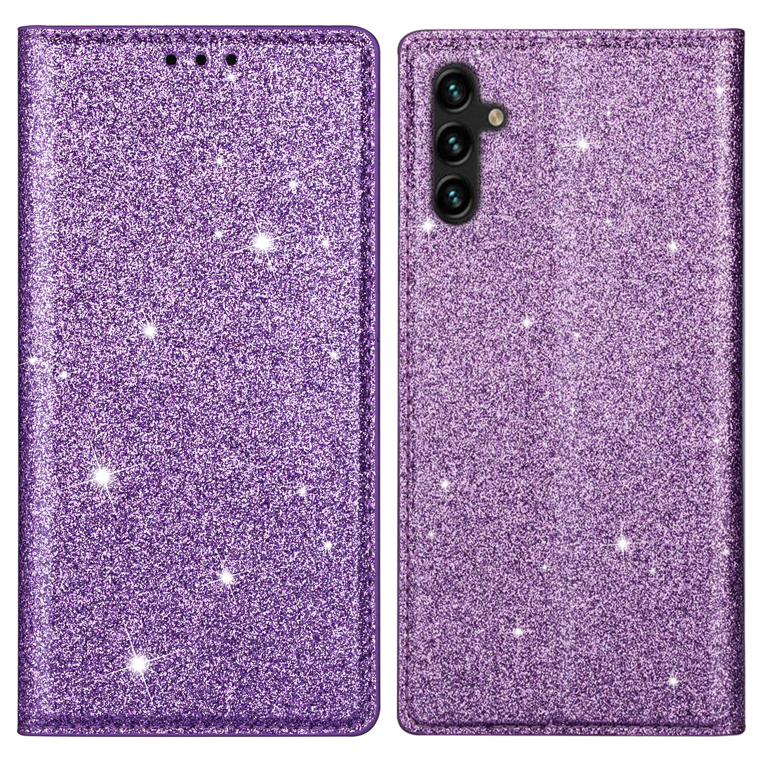 For Samsung Galaxy A55 5G Cell Phone Case Glitter PU Leather Stand Card Slots Cover - Black