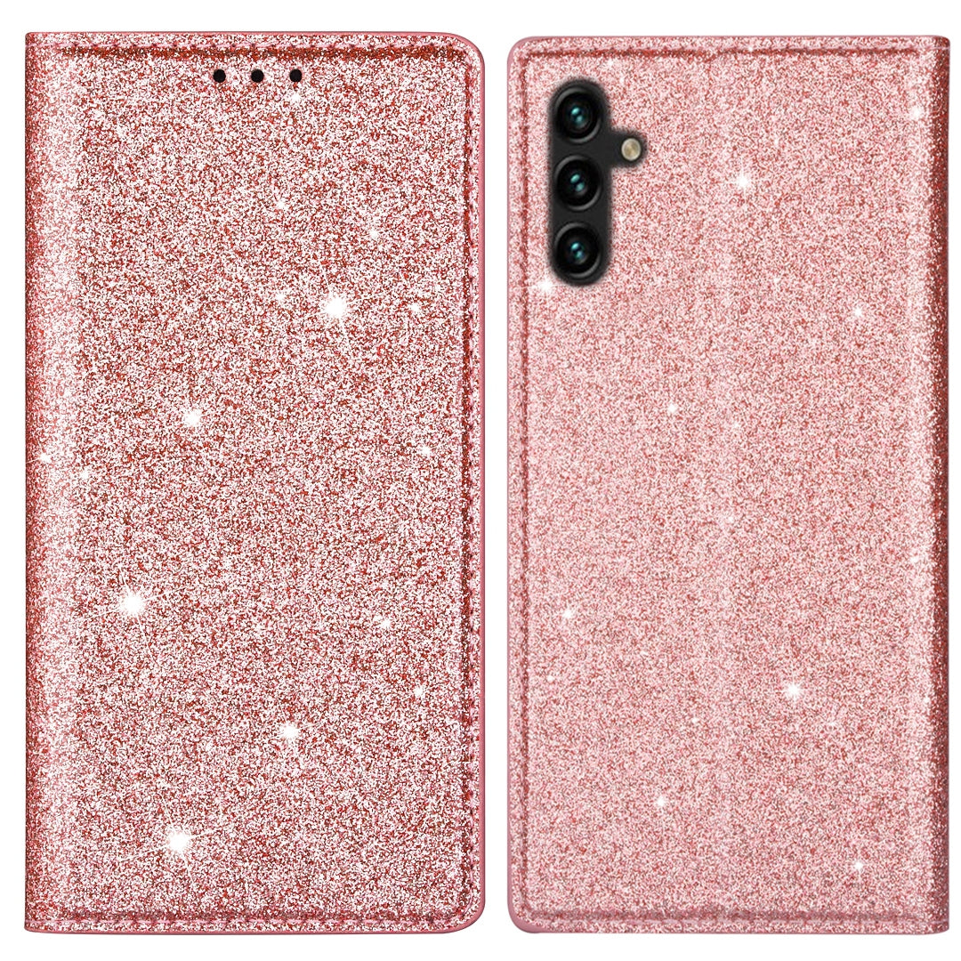 For Samsung Galaxy A55 5G Cell Phone Case Glitter PU Leather Stand Card Slots Cover - Black