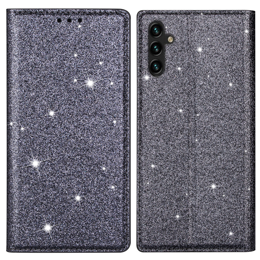 For Samsung Galaxy A55 5G Cell Phone Case Glitter PU Leather Stand Card Slots Cover - Black
