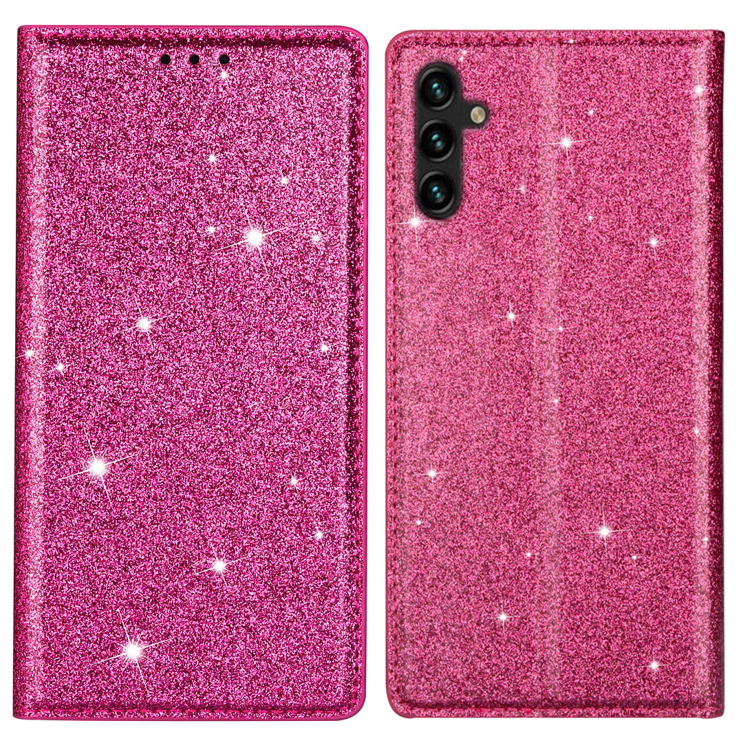 For Samsung Galaxy A55 5G Cell Phone Case Glitter PU Leather Stand Card Slots Cover - Black