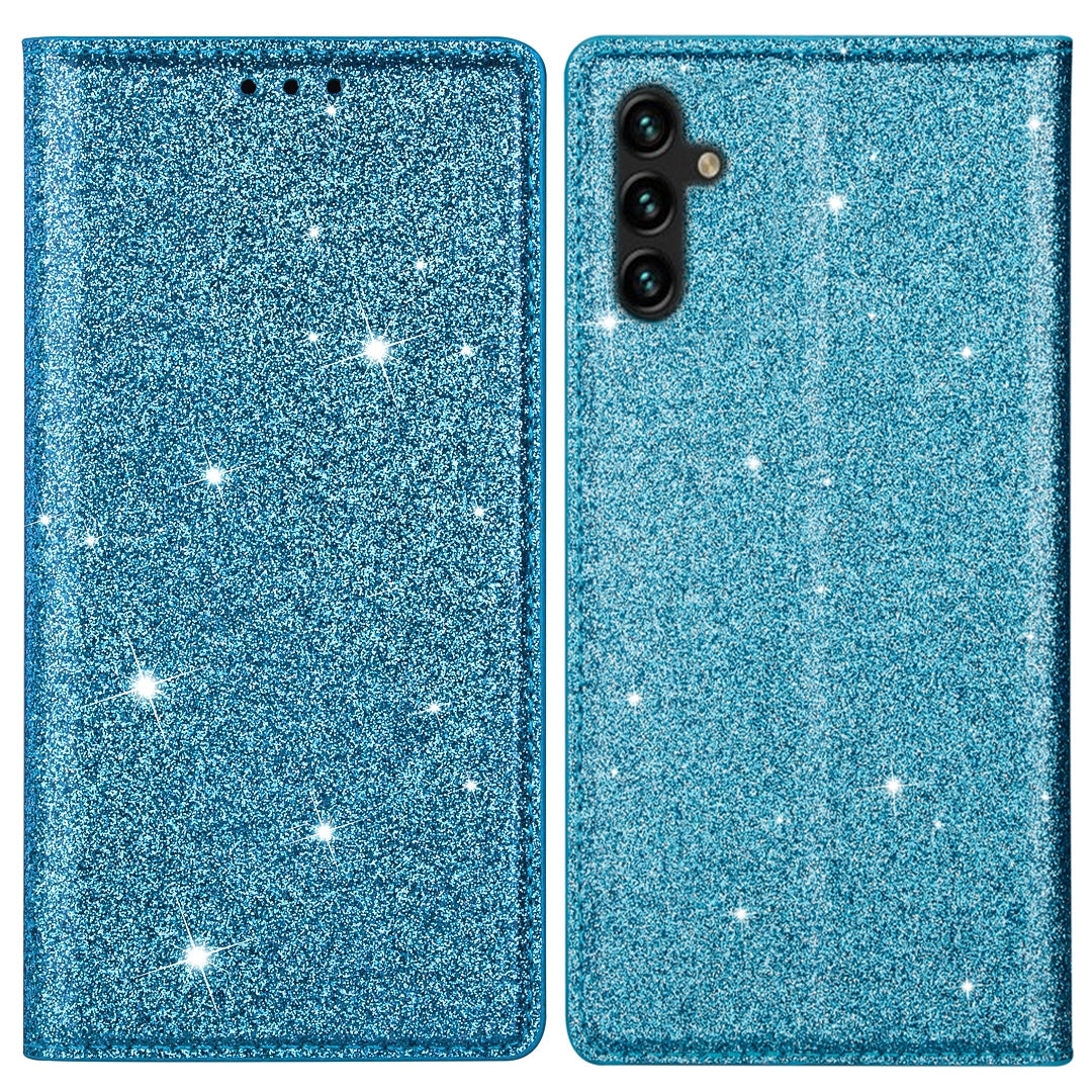 For Samsung Galaxy A55 5G Cell Phone Case Glitter PU Leather Stand Card Slots Cover - Black
