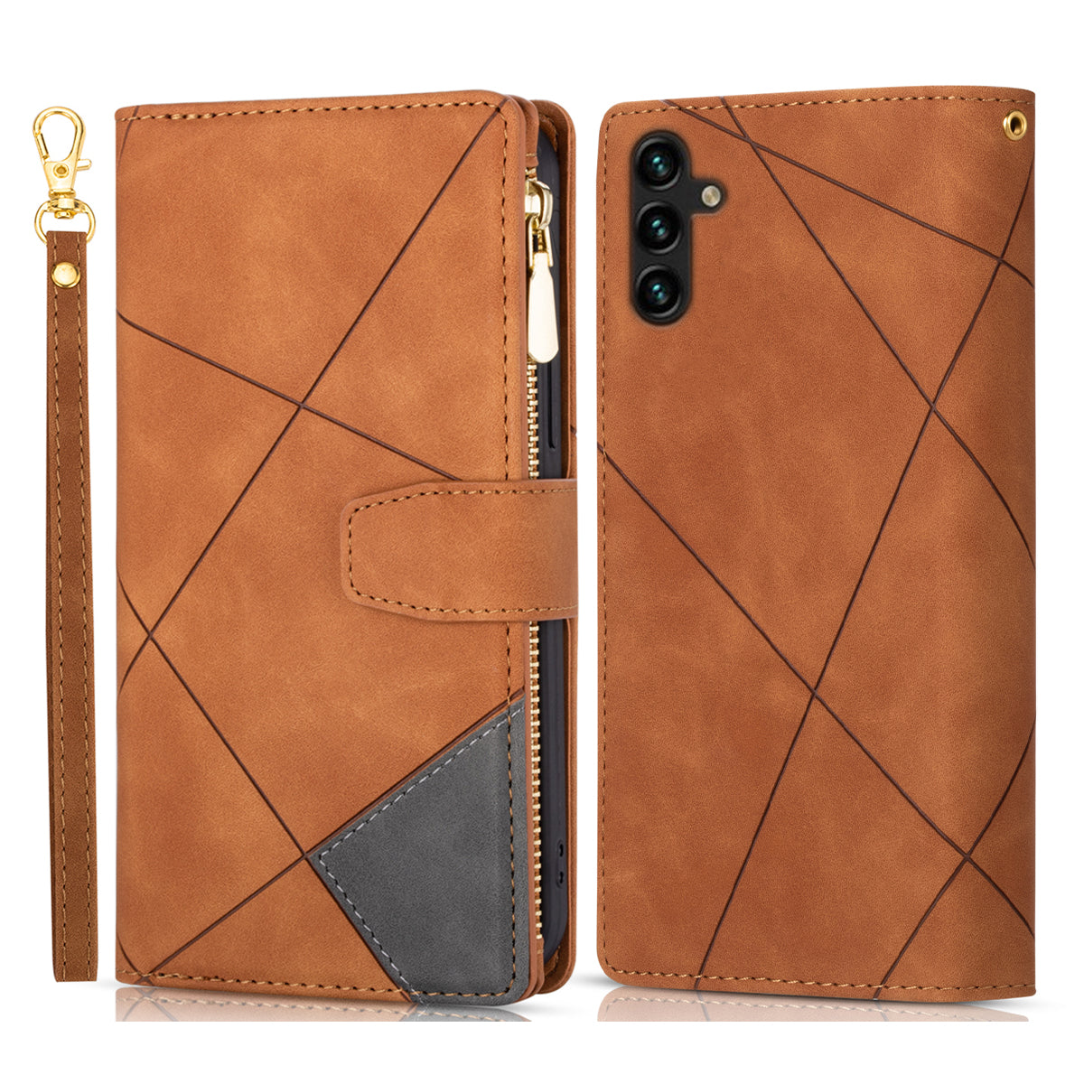 For Samsung Galaxy A55 5G Cell Phone Case Zipper Pocket Color Splicing Leather Wallet Cover - Brown