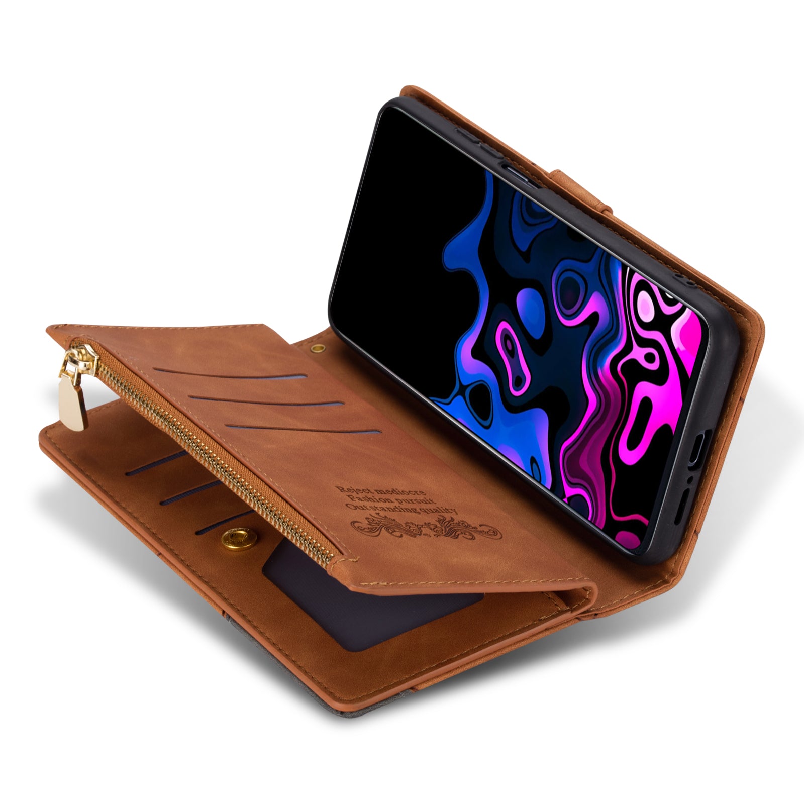 For Samsung Galaxy A55 5G Cell Phone Case Zipper Pocket Color Splicing Leather Wallet Cover - Brown