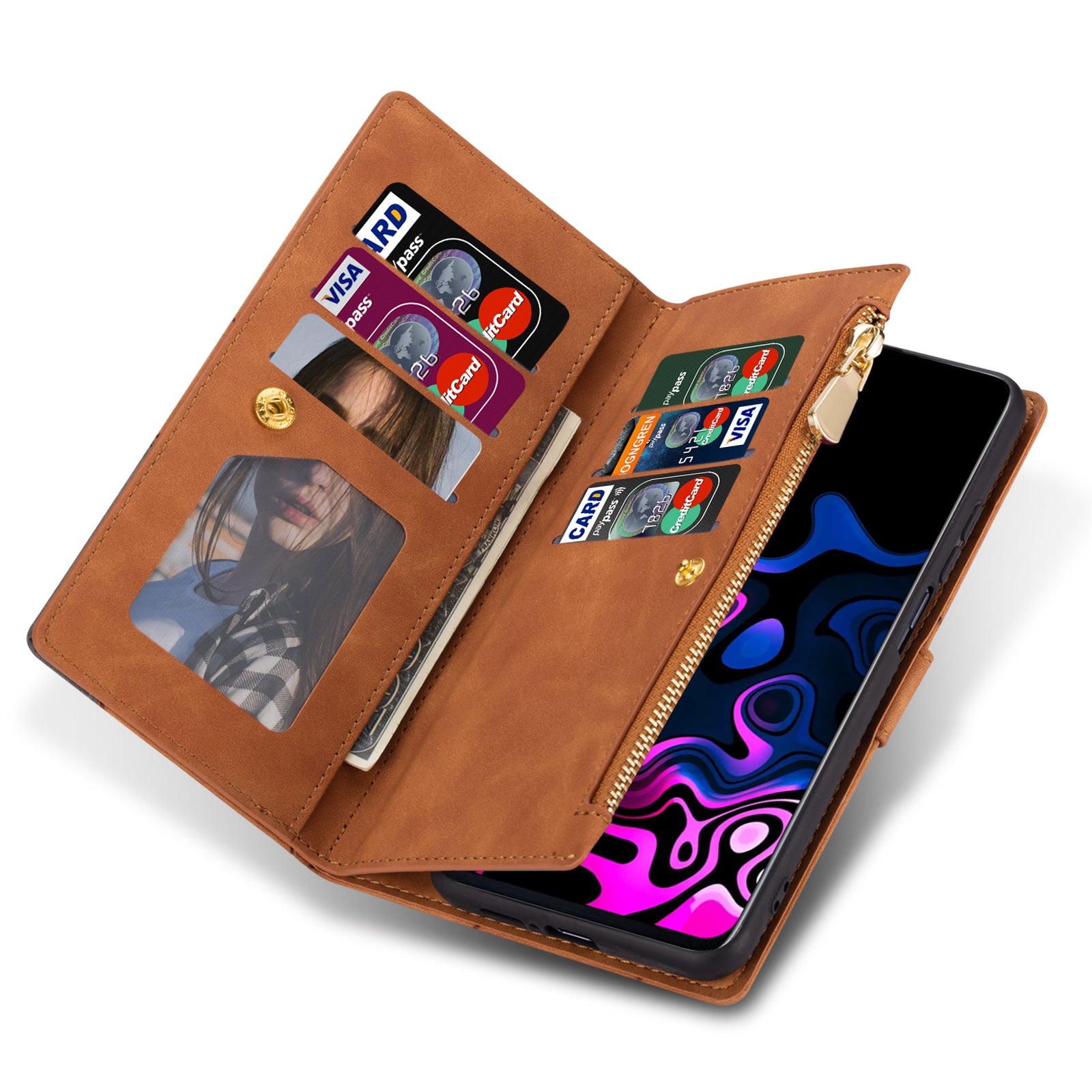 For Samsung Galaxy A55 5G Cell Phone Case Zipper Pocket Color Splicing Leather Wallet Cover - Brown