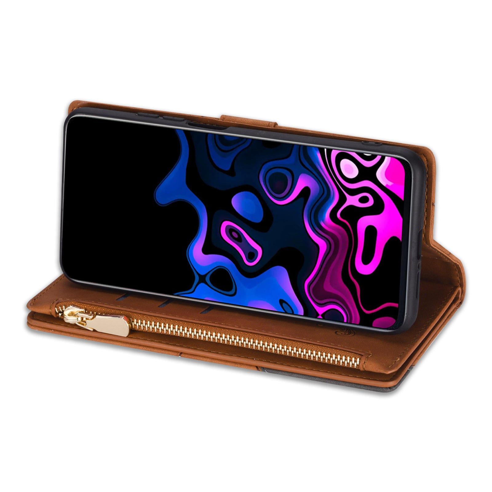 For Samsung Galaxy A55 5G Cell Phone Case Zipper Pocket Color Splicing Leather Wallet Cover - Brown