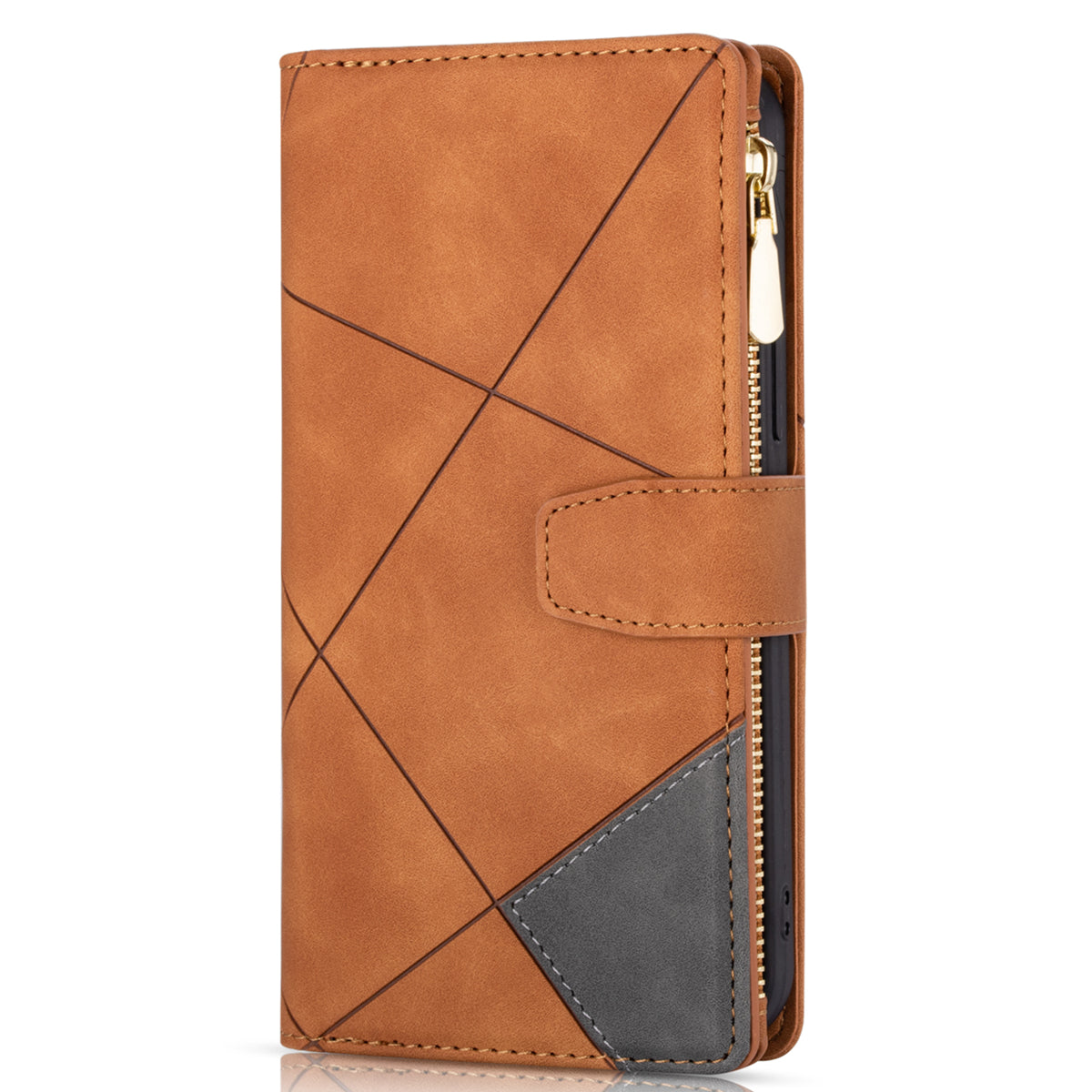 For Samsung Galaxy A55 5G Cell Phone Case Zipper Pocket Color Splicing Leather Wallet Cover - Brown