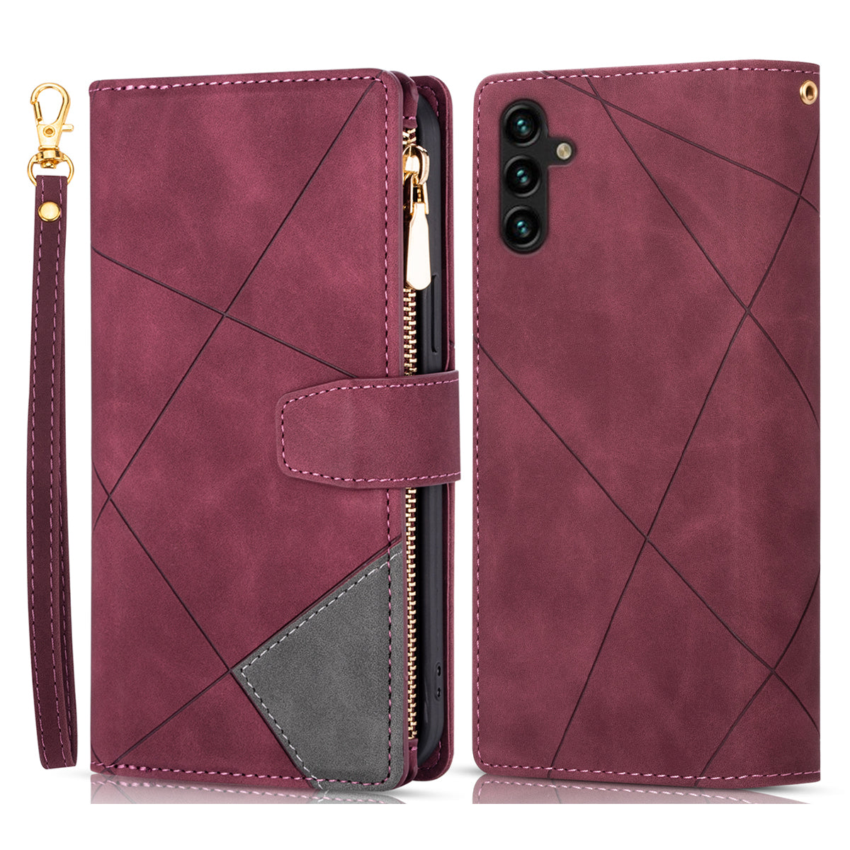 For Samsung Galaxy A55 5G Cell Phone Case Zipper Pocket Color Splicing Leather Wallet Cover - Brown