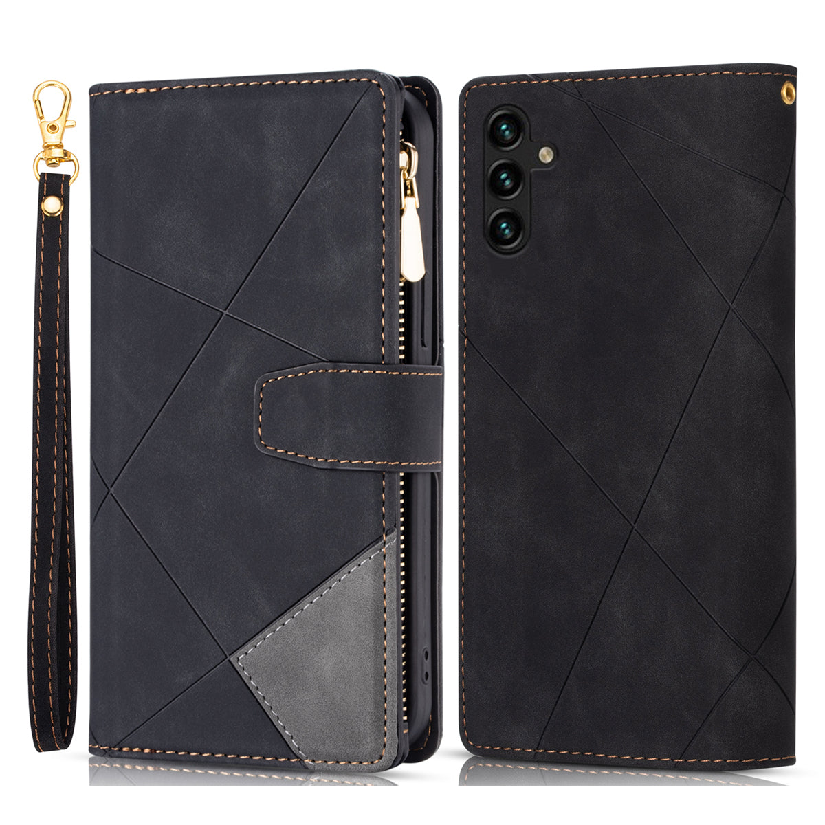 For Samsung Galaxy A55 5G Cell Phone Case Zipper Pocket Color Splicing Leather Wallet Cover - Brown