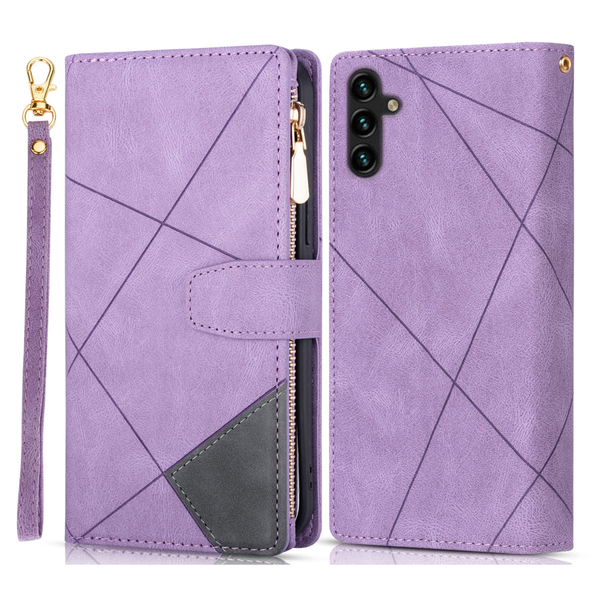 For Samsung Galaxy A55 5G Cell Phone Case Zipper Pocket Color Splicing Leather Wallet Cover - Brown