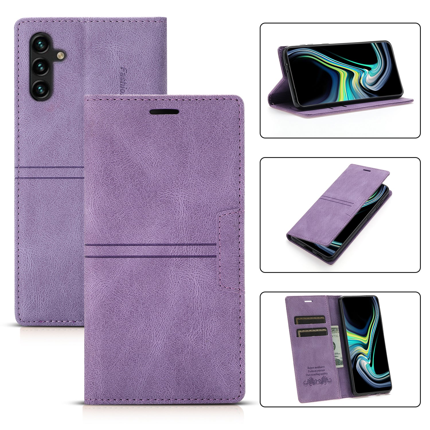 For Samsung Galaxy A35 5G Cell Phone Case Magnetic Auto Closing Flip Stand Wallet Leather Cover - Purple