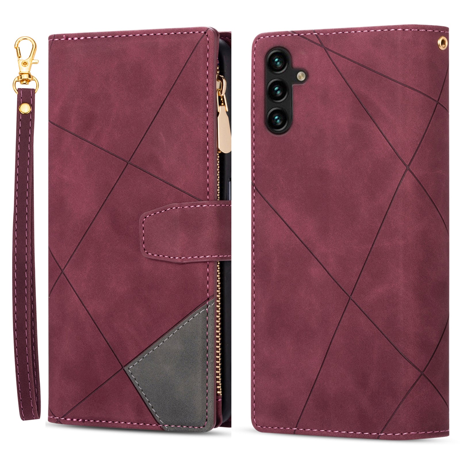 For Samsung Galaxy A35 5G Case PU Leather Zipper Pocket Lines Imprinted Phone Drop-proof Cover - Red