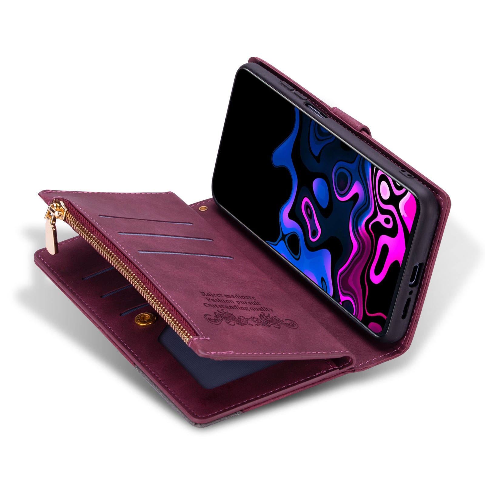 For Samsung Galaxy A35 5G Case PU Leather Zipper Pocket Lines Imprinted Phone Drop-proof Cover - Red