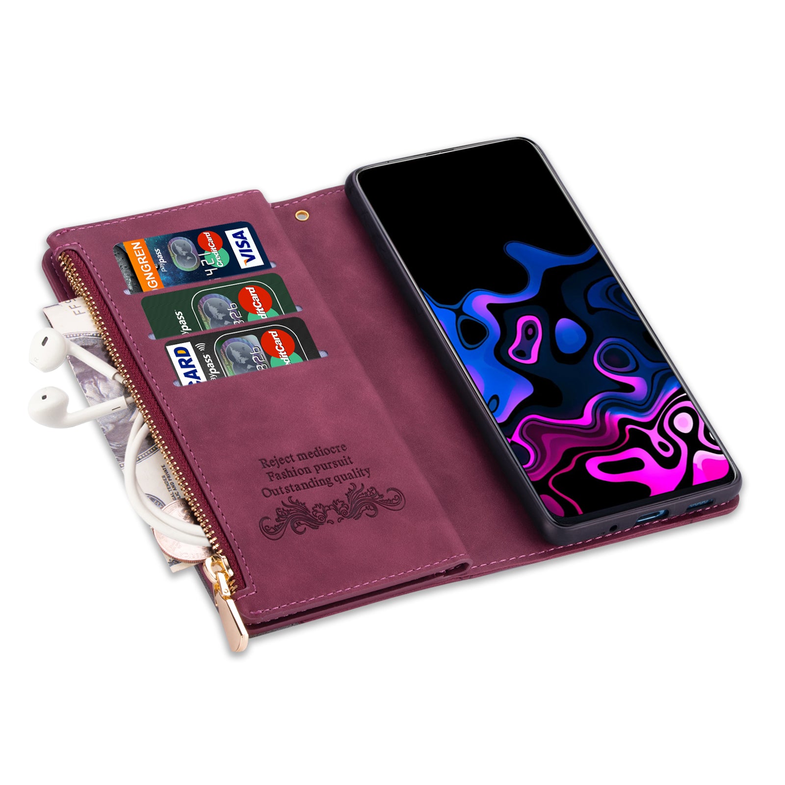 For Samsung Galaxy A35 5G Case PU Leather Zipper Pocket Lines Imprinted Phone Drop-proof Cover - Red