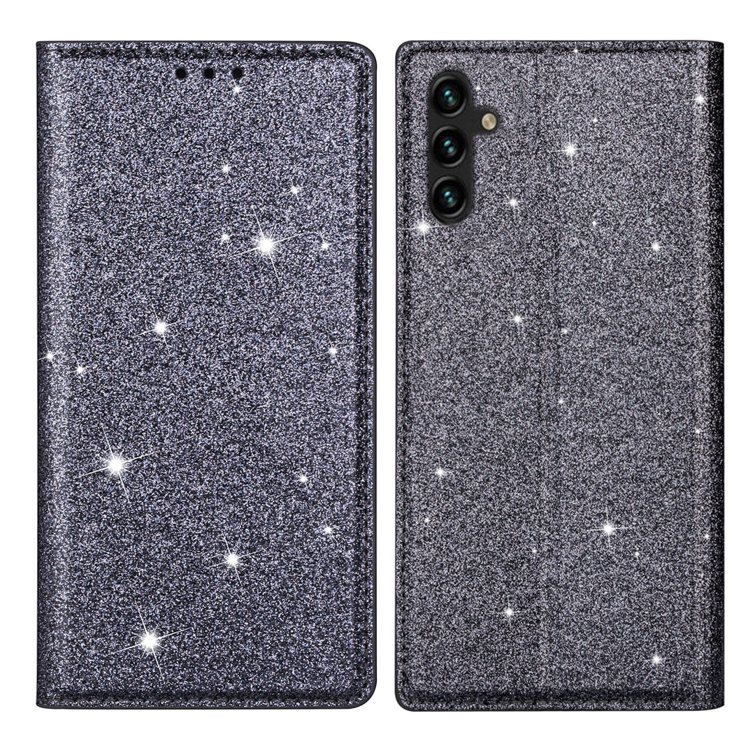 For Samsung Galaxy A35 5G Magnetic Phone Case Glittery PU Leather+TPU Card Holder Cover - Grey
