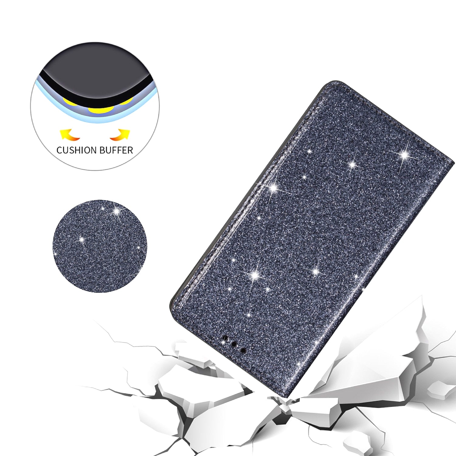 For Samsung Galaxy A35 5G Magnetic Phone Case Glittery PU Leather+TPU Card Holder Cover - Grey