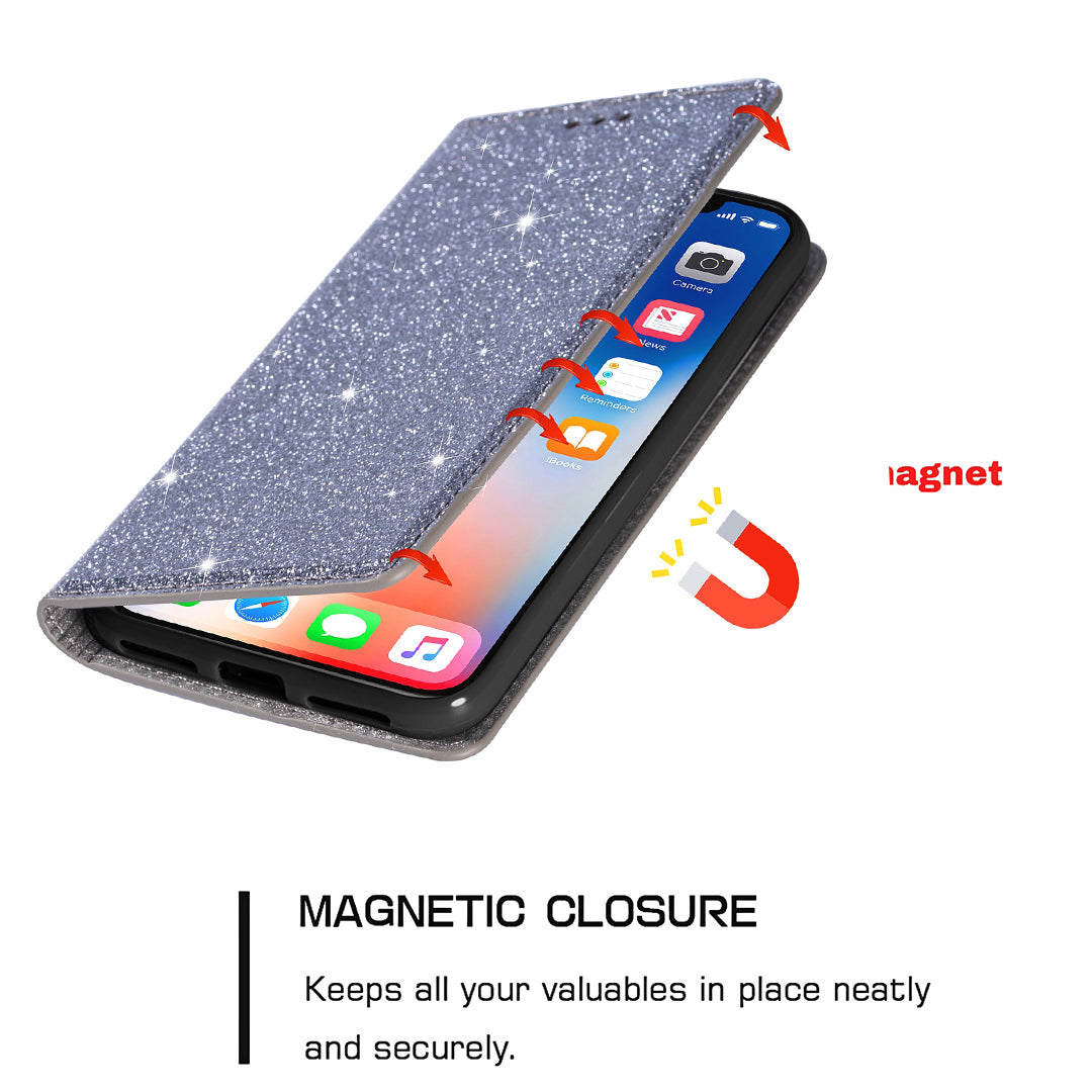 For Samsung Galaxy A35 5G Magnetic Phone Case Glittery PU Leather+TPU Card Holder Cover - Grey