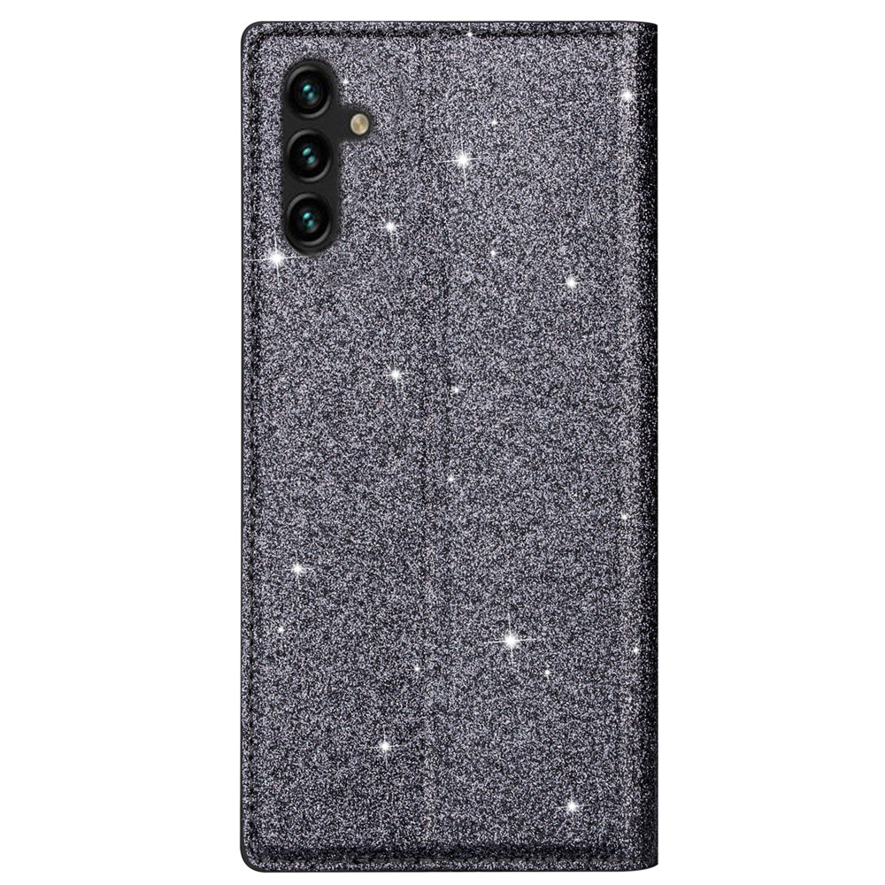 For Samsung Galaxy A35 5G Magnetic Phone Case Glittery PU Leather+TPU Card Holder Cover - Grey