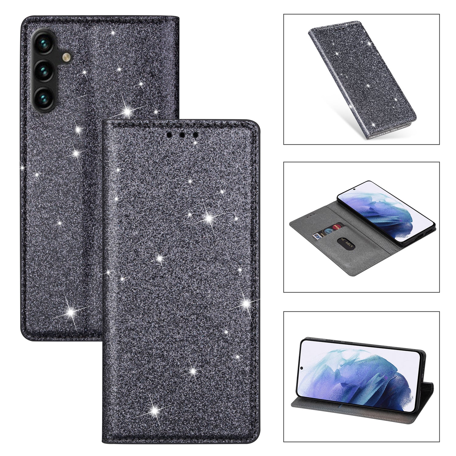 For Samsung Galaxy A35 5G Magnetic Phone Case Glittery PU Leather+TPU Card Holder Cover - Grey