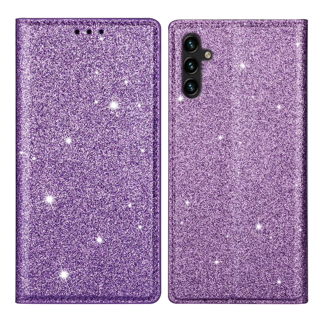 For Samsung Galaxy A35 5G Magnetic Phone Case Glittery PU Leather+TPU Card Holder Cover - Grey