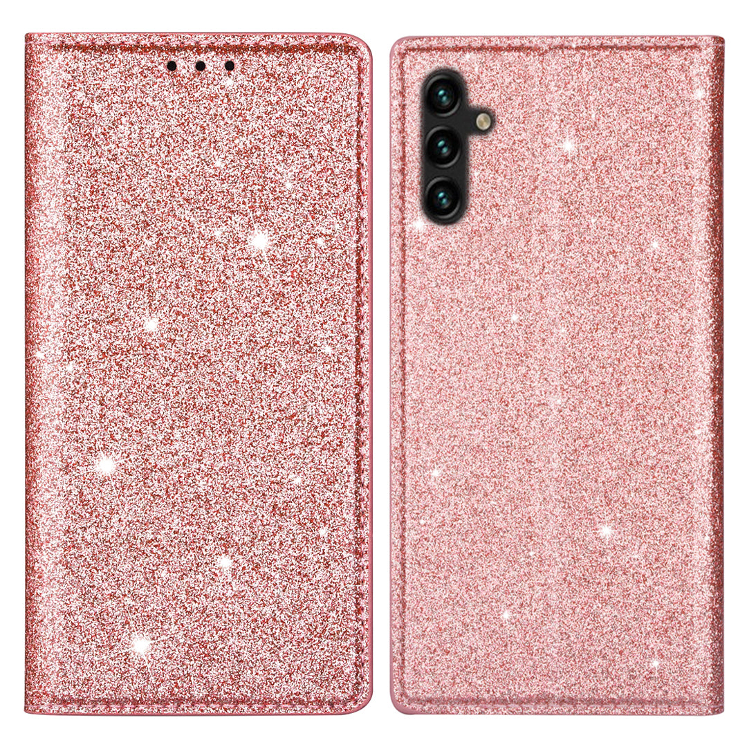 For Samsung Galaxy A35 5G Magnetic Phone Case Glittery PU Leather+TPU Card Holder Cover - Grey