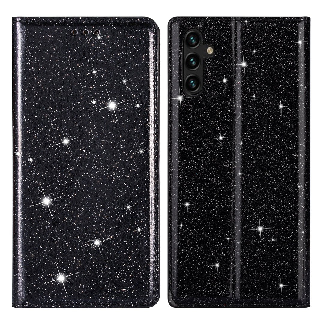 For Samsung Galaxy A35 5G Magnetic Phone Case Glittery PU Leather+TPU Card Holder Cover - Grey