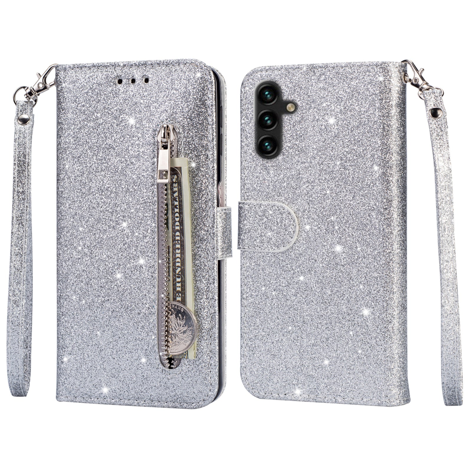 For Samsung Galaxy A35 5G Case Glitter Phone Stand Leather Drop-proof Cover with Zipper Pocket - Silver