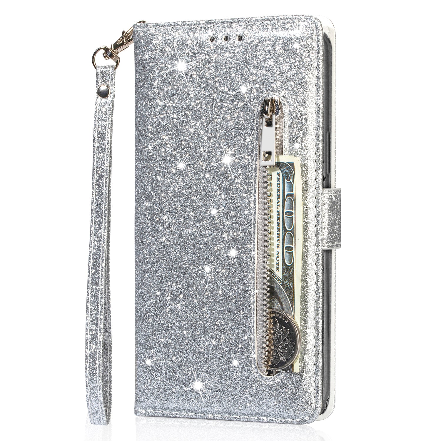 For Samsung Galaxy A35 5G Case Glitter Phone Stand Leather Drop-proof Cover with Zipper Pocket - Silver