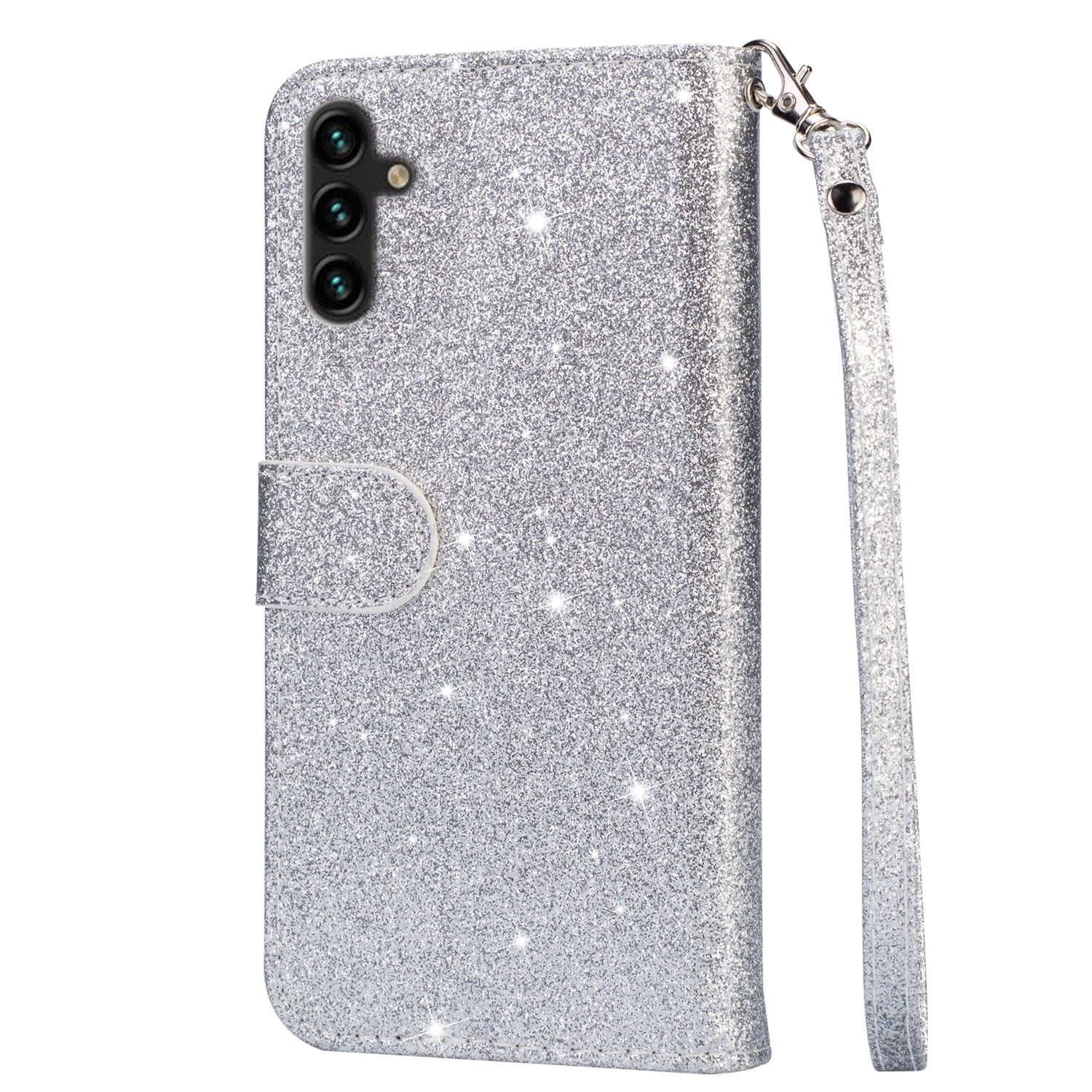 For Samsung Galaxy A35 5G Case Glitter Phone Stand Leather Drop-proof Cover with Zipper Pocket - Silver