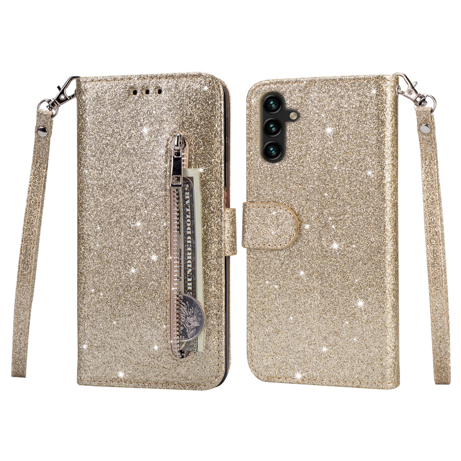 For Samsung Galaxy A35 5G Case Glitter Phone Stand Leather Drop-proof Cover with Zipper Pocket - Silver