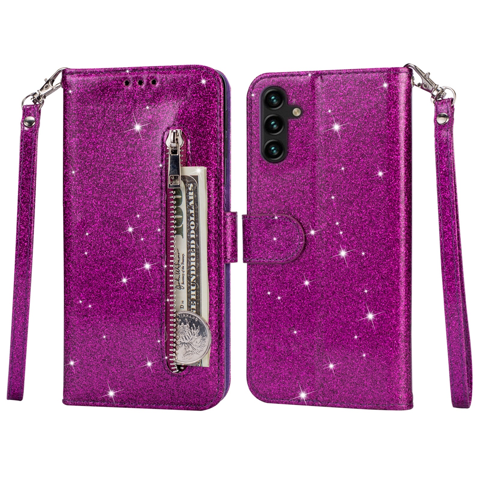 For Samsung Galaxy A35 5G Case Glitter Phone Stand Leather Drop-proof Cover with Zipper Pocket - Silver