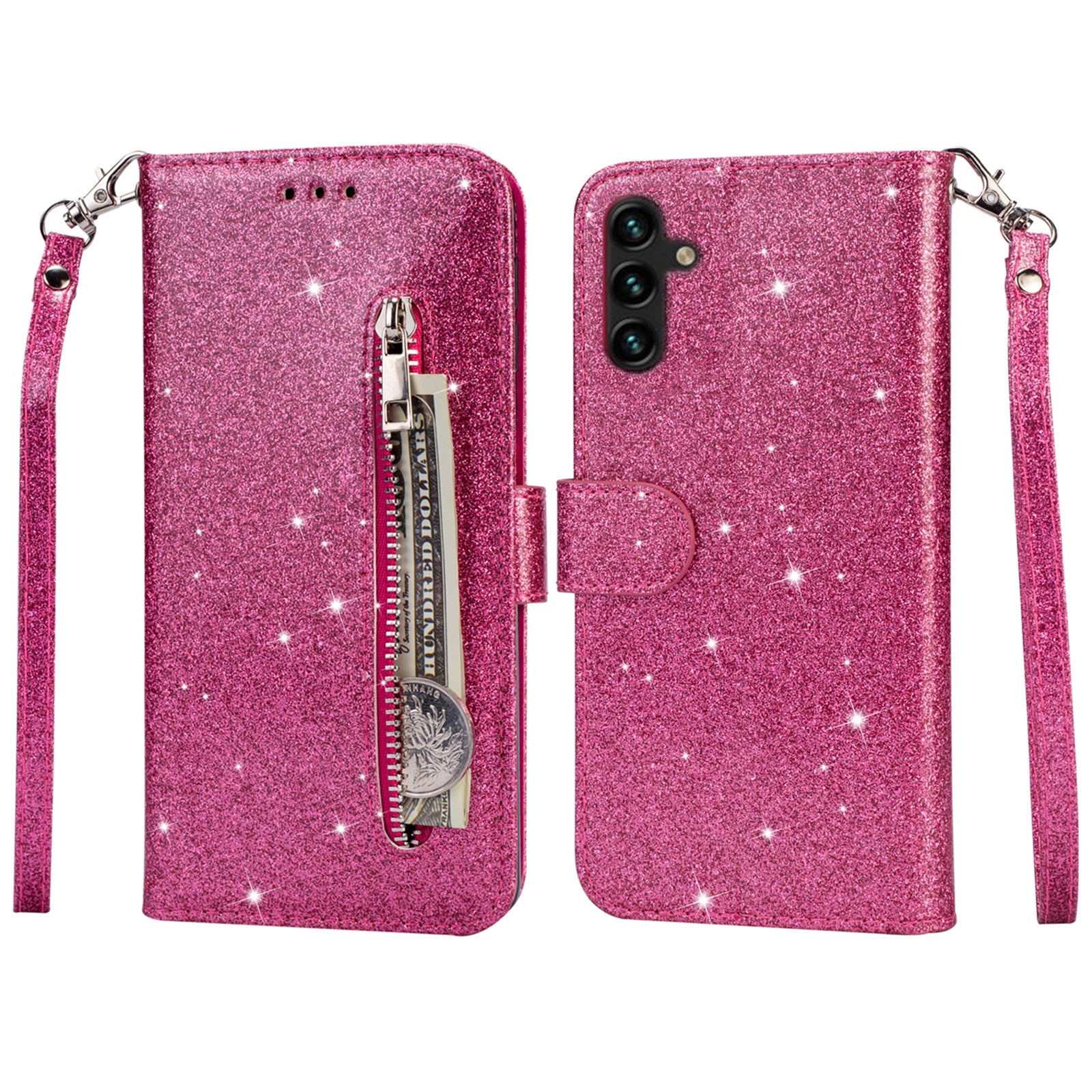 For Samsung Galaxy A35 5G Case Glitter Phone Stand Leather Drop-proof Cover with Zipper Pocket - Silver