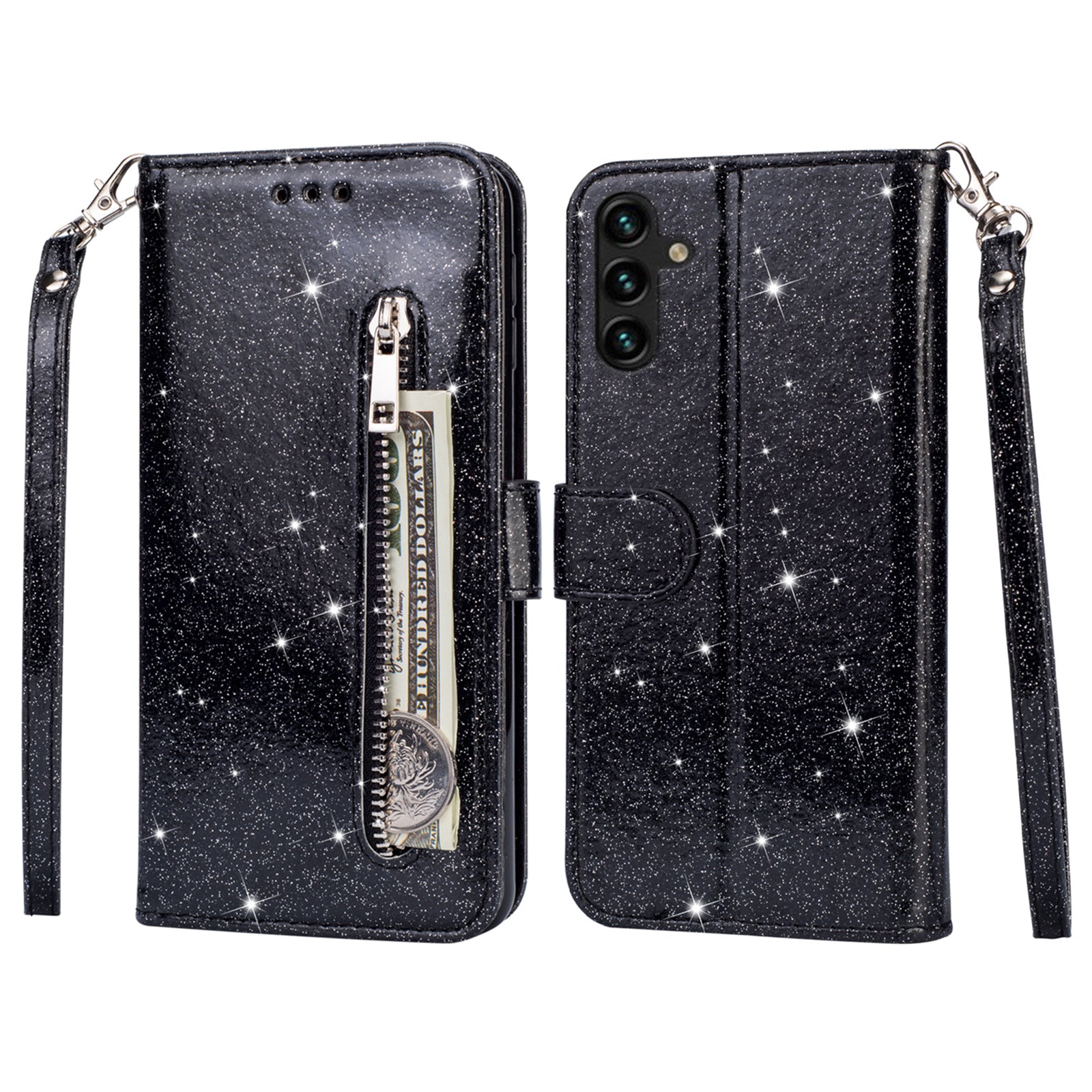 For Samsung Galaxy A35 5G Case Glitter Phone Stand Leather Drop-proof Cover with Zipper Pocket - Silver