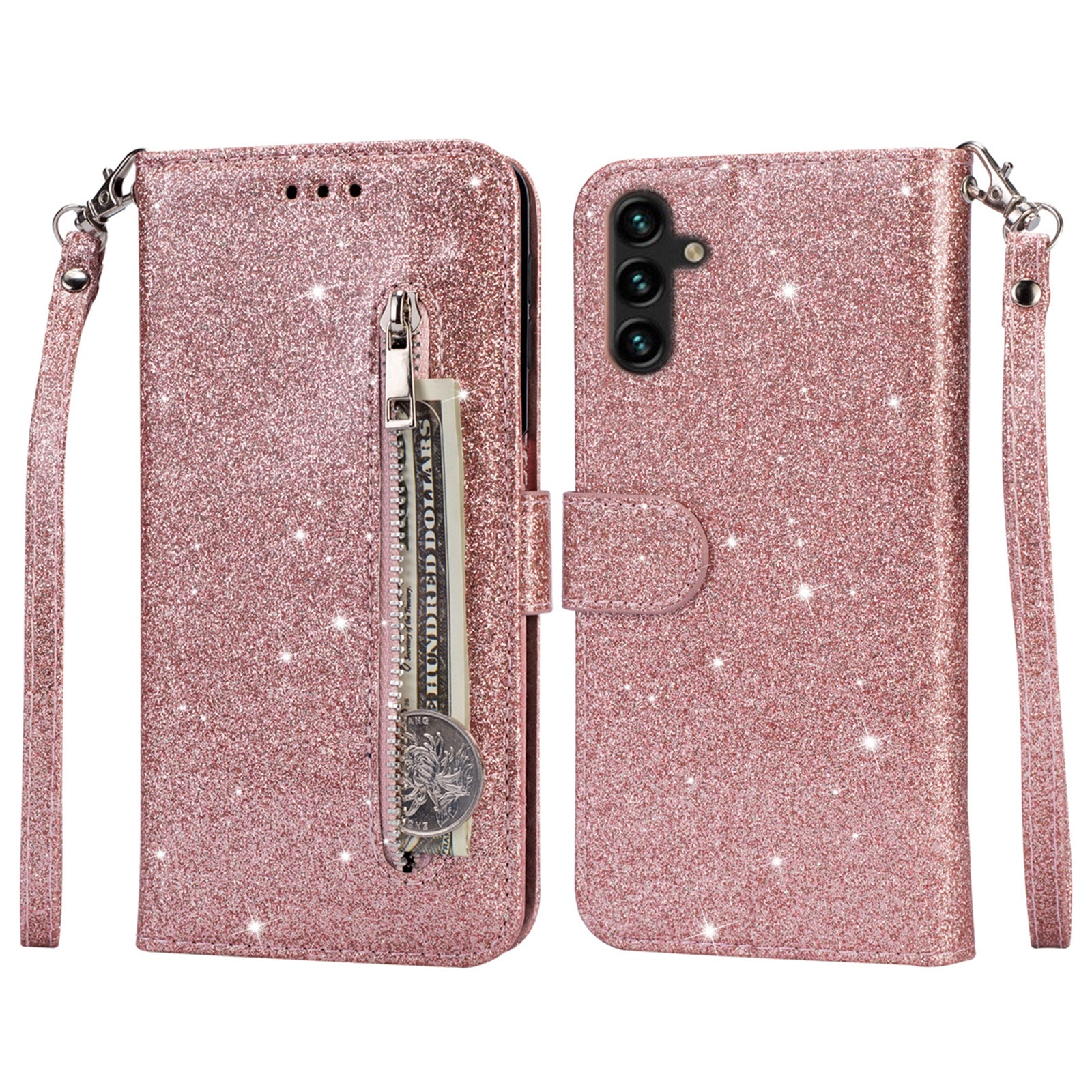 For Samsung Galaxy A35 5G Case Glitter Phone Stand Leather Drop-proof Cover with Zipper Pocket - Silver