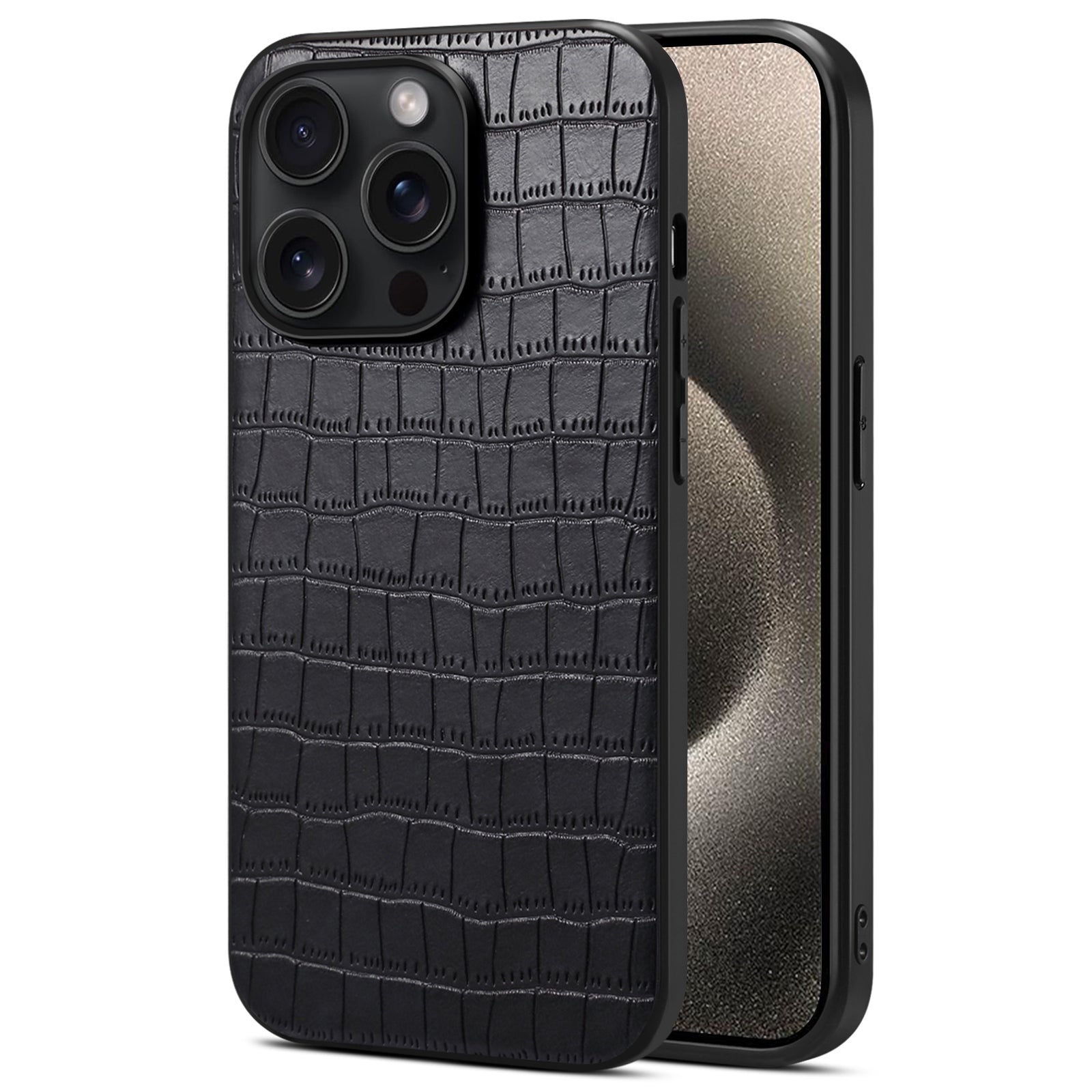 For iPhone 15 Pro Max Case Shockproof Crocodile Textured PU+PC+TPU Phone Cover - Black