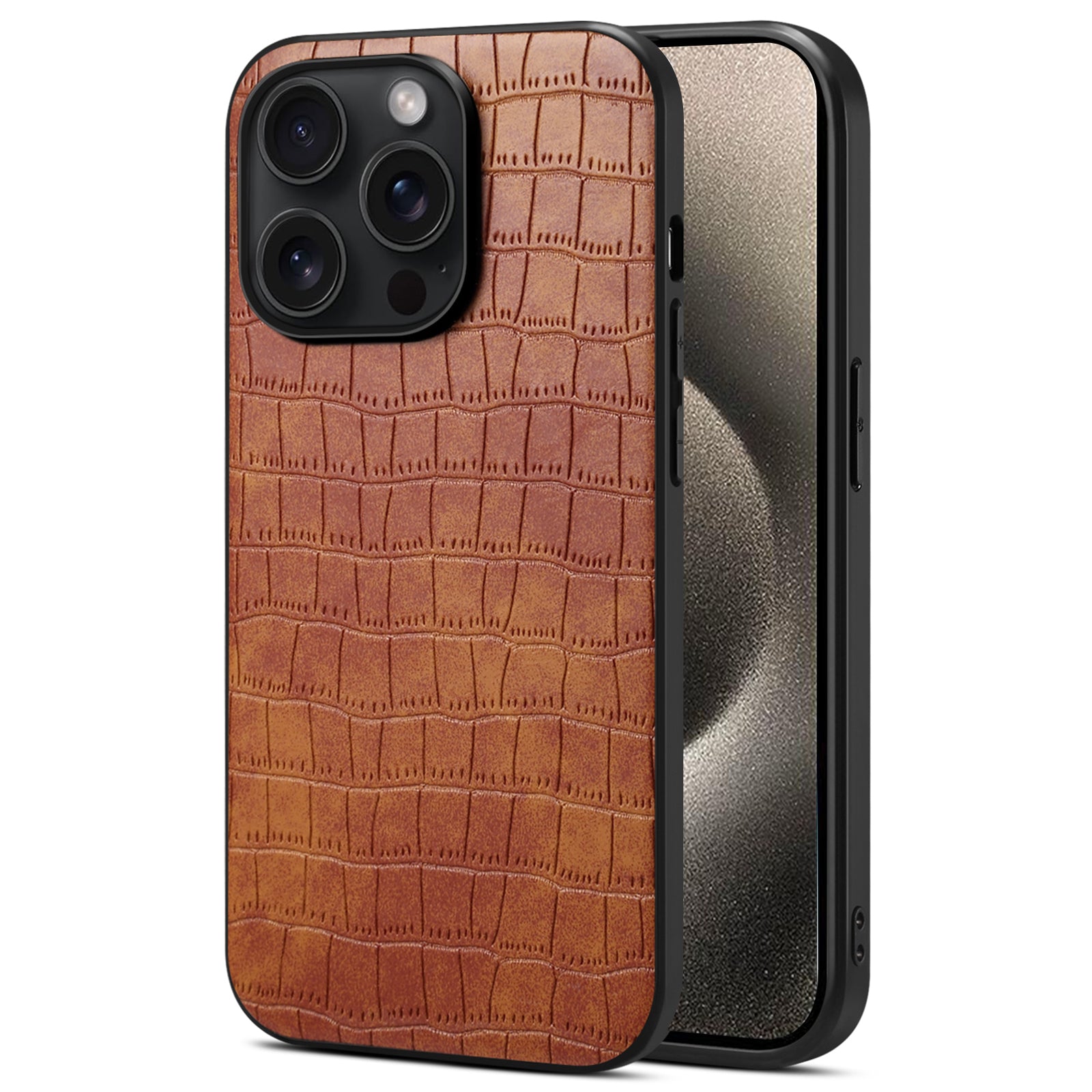 For iPhone 15 Pro Max Case Shockproof Crocodile Textured PU+PC+TPU Phone Cover - Black