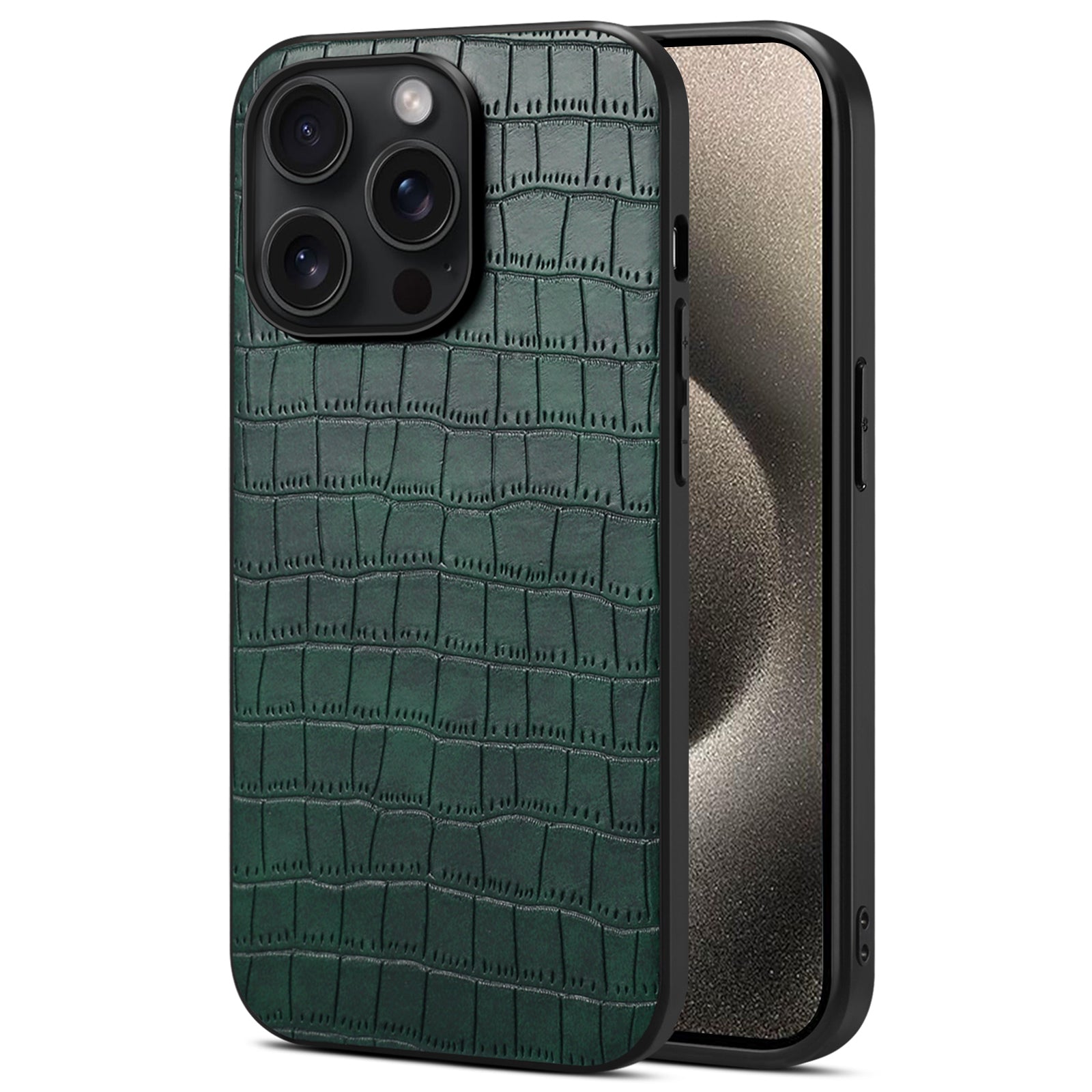 For iPhone 15 Pro Max Case Shockproof Crocodile Textured PU+PC+TPU Phone Cover - Black