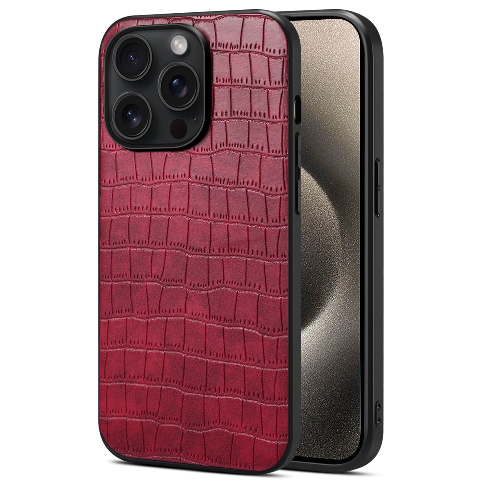 For iPhone 15 Pro Max Case Shockproof Crocodile Textured PU+PC+TPU Phone Cover - Black