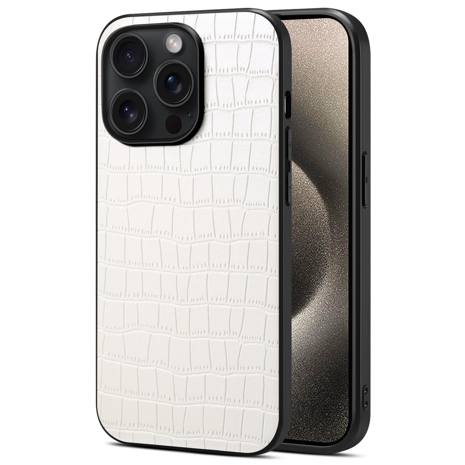 For iPhone 15 Pro Max Case Shockproof Crocodile Textured PU+PC+TPU Phone Cover - Black