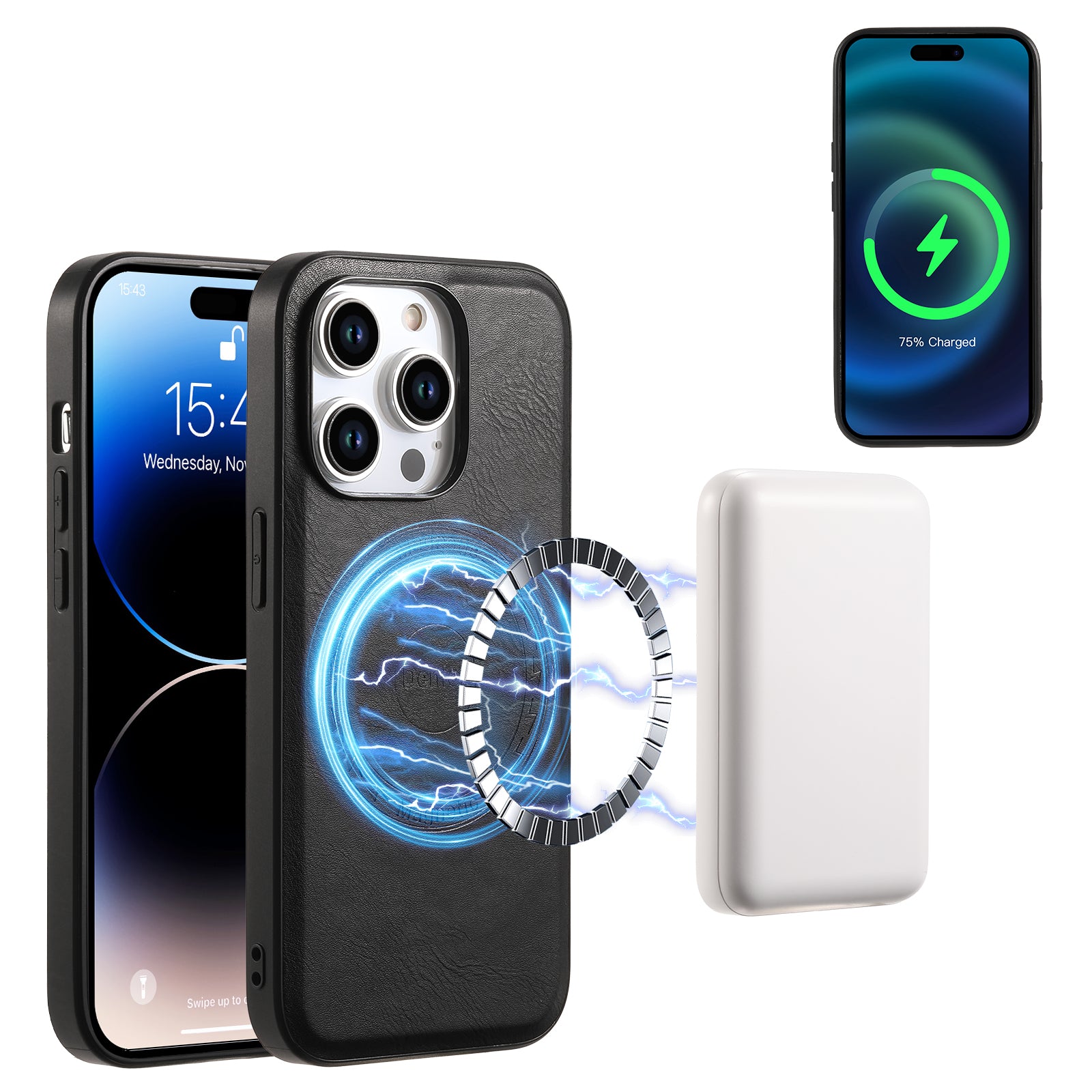 DENIOR For iPhone 15 Pro Max Magnetic Phone Case PU Leather Coated TPU+PC Cover - Black