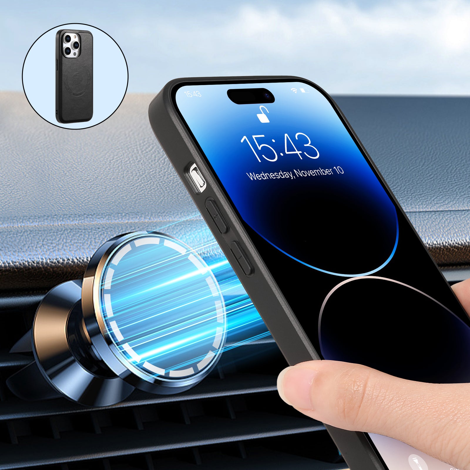 DENIOR For iPhone 15 Pro Max Magnetic Phone Case PU Leather Coated TPU+PC Cover - Black