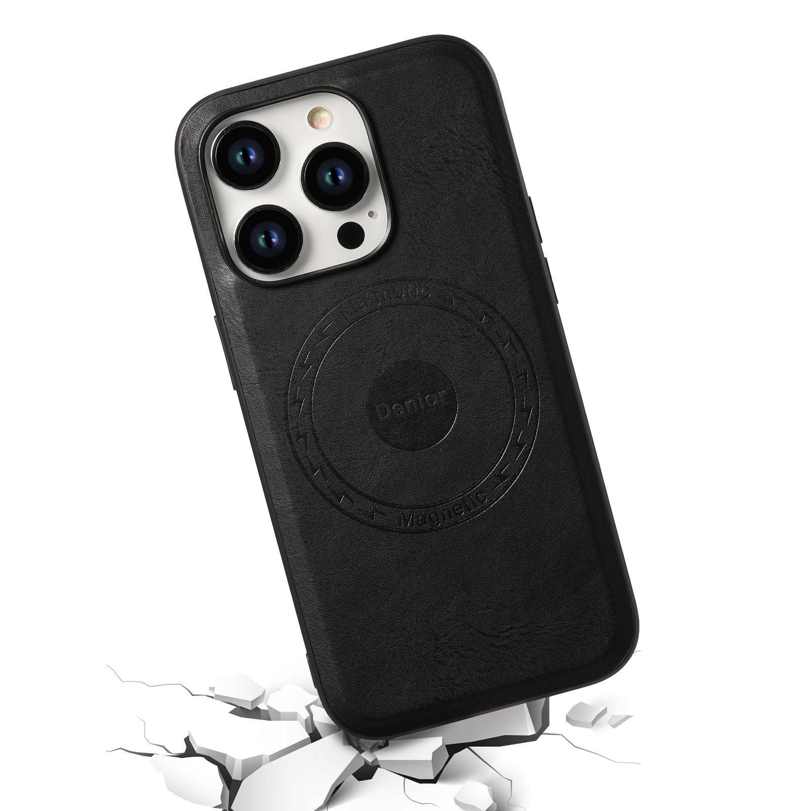 DENIOR For iPhone 15 Pro Max Magnetic Phone Case PU Leather Coated TPU+PC Cover - Black