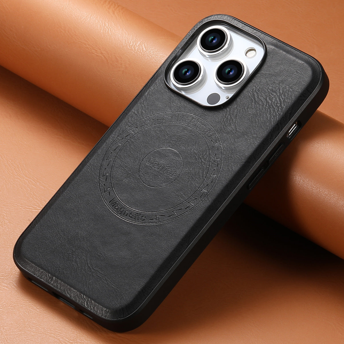 DENIOR For iPhone 15 Pro Max Magnetic Phone Case PU Leather Coated TPU+PC Cover - Black