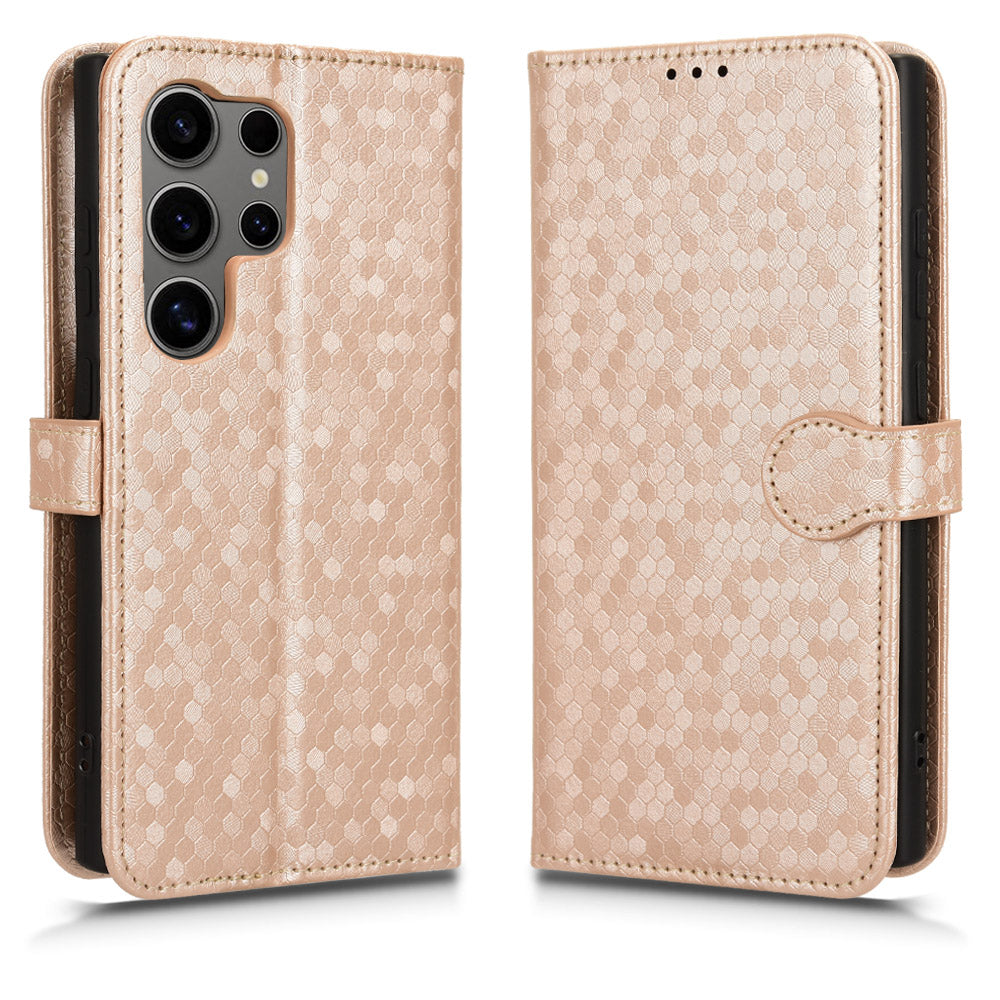 For Samsung Galaxy S24 Ultra Cell Phone Case PU Leather Wallet Imprinted Foldable Stand Cover - Rose Gold