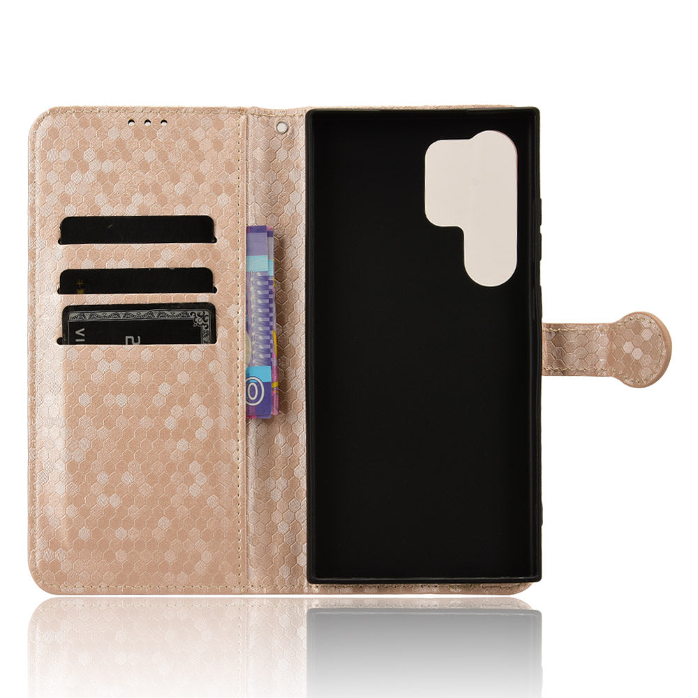 For Samsung Galaxy S24 Ultra Cell Phone Case PU Leather Wallet Imprinted Foldable Stand Cover - Rose Gold