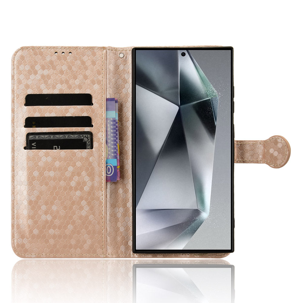 For Samsung Galaxy S24 Ultra Cell Phone Case PU Leather Wallet Imprinted Foldable Stand Cover - Rose Gold
