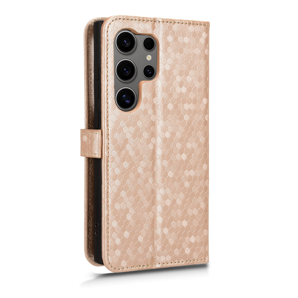 For Samsung Galaxy S24 Ultra Cell Phone Case PU Leather Wallet Imprinted Foldable Stand Cover - Rose Gold