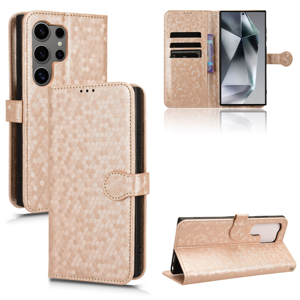 For Samsung Galaxy S24 Ultra Cell Phone Case PU Leather Wallet Imprinted Foldable Stand Cover - Rose Gold