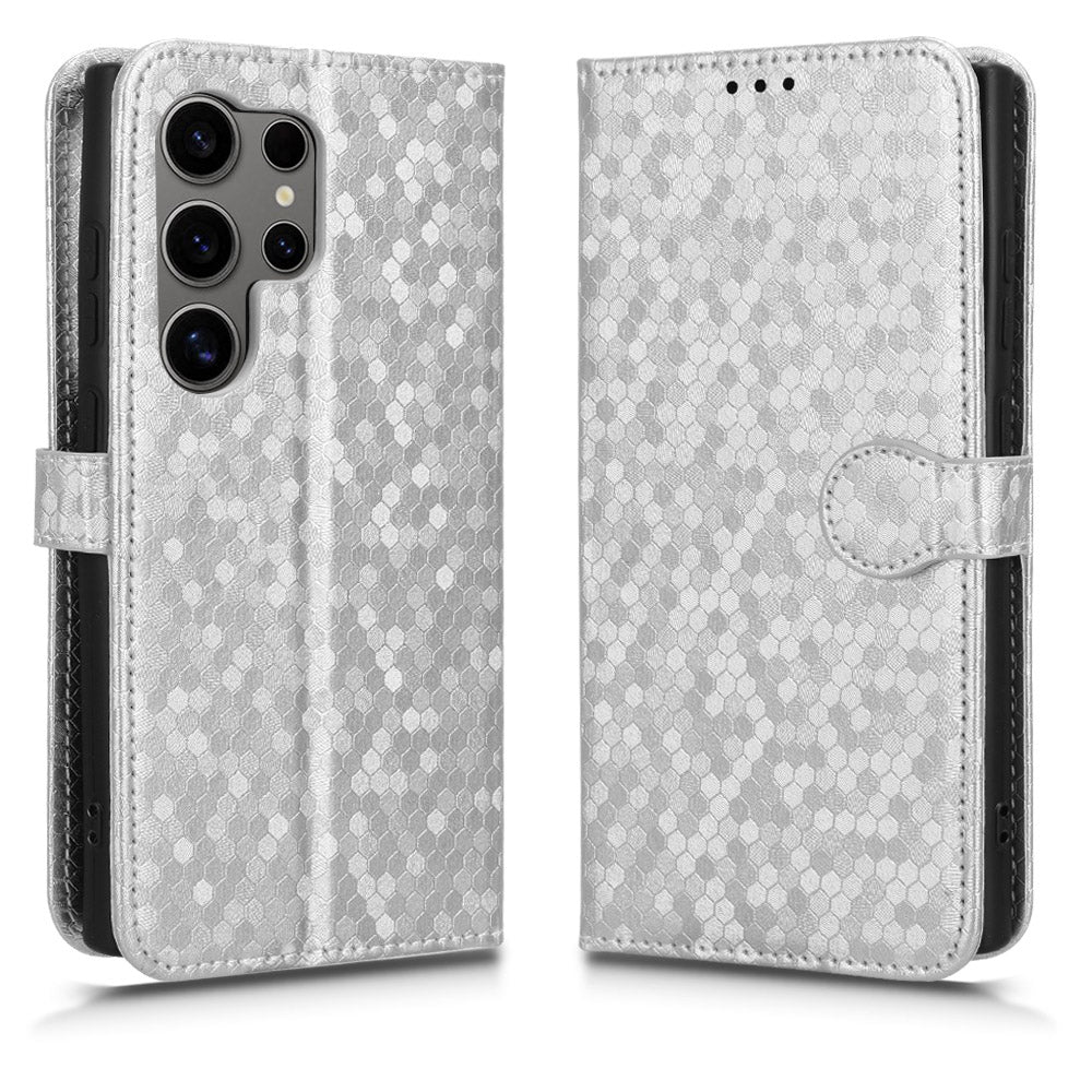 For Samsung Galaxy S24 Ultra Cell Phone Case PU Leather Wallet Imprinted Foldable Stand Cover - Rose Gold