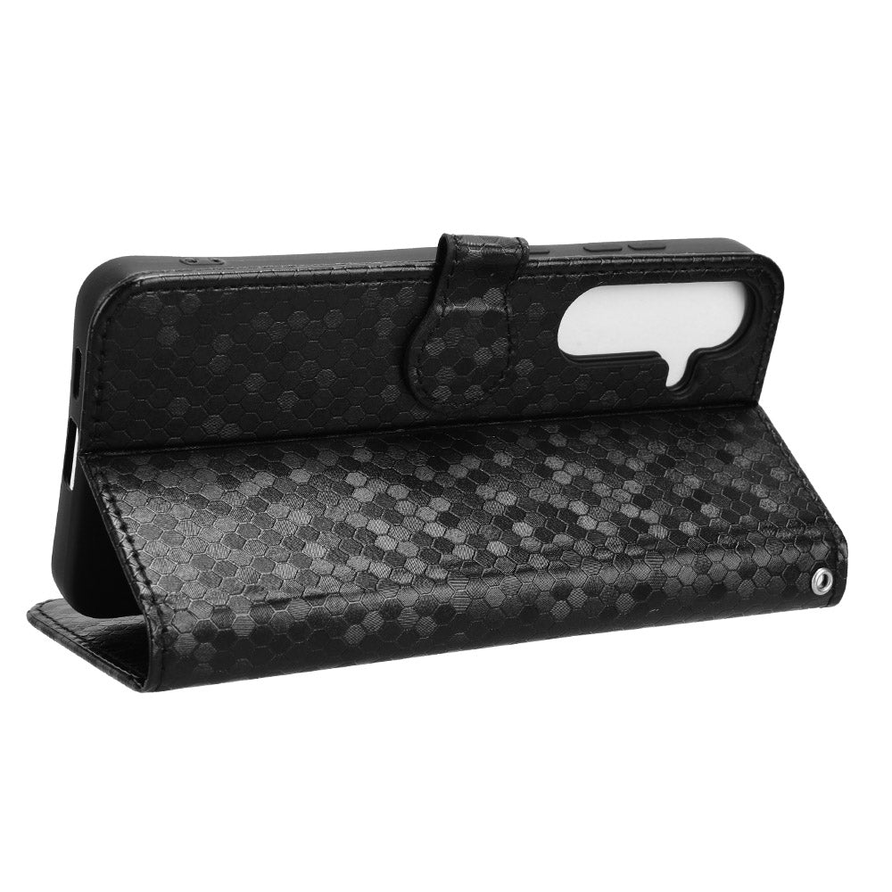 For Samsung Galaxy S24 Cover Dot Imprinted Shockproof Leather Wallet Stand Mobile Phone Case - Black