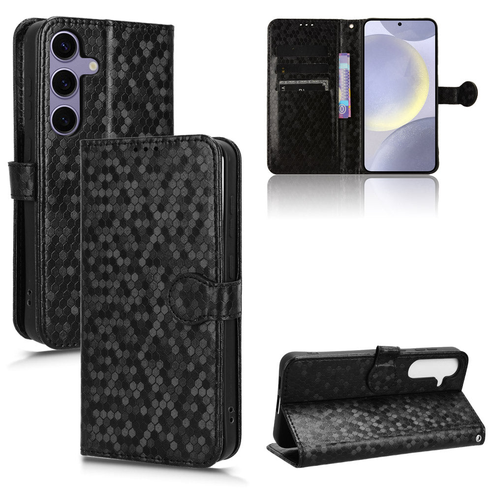For Samsung Galaxy S24 Cover Dot Imprinted Shockproof Leather Wallet Stand Mobile Phone Case - Black